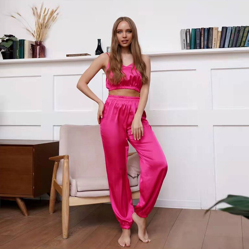 Zijdeachtige Sexy Pyjama Set met Lange Broek