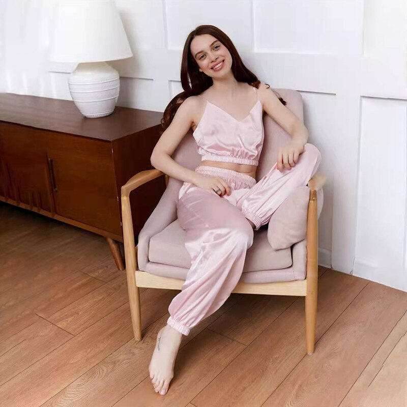 Zijdeachtige Sexy Pyjama Set met Lange Broek