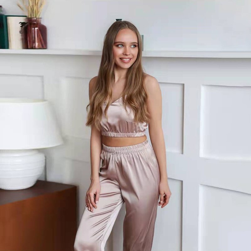 Zijdeachtige Sexy Pyjama Set met Lange Broek