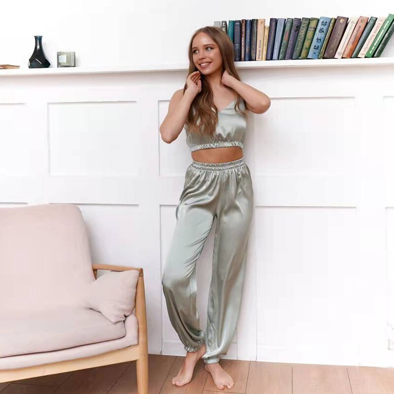 Zijdeachtige Sexy Pyjama Set met Lange Broek
