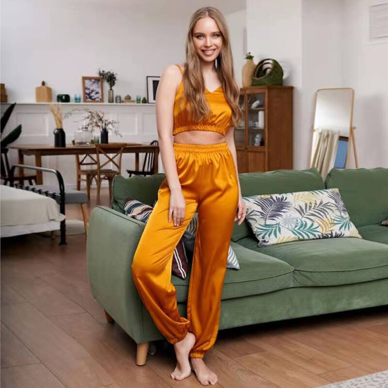 Zijdeachtige Sexy Pyjama Set met Lange Broek