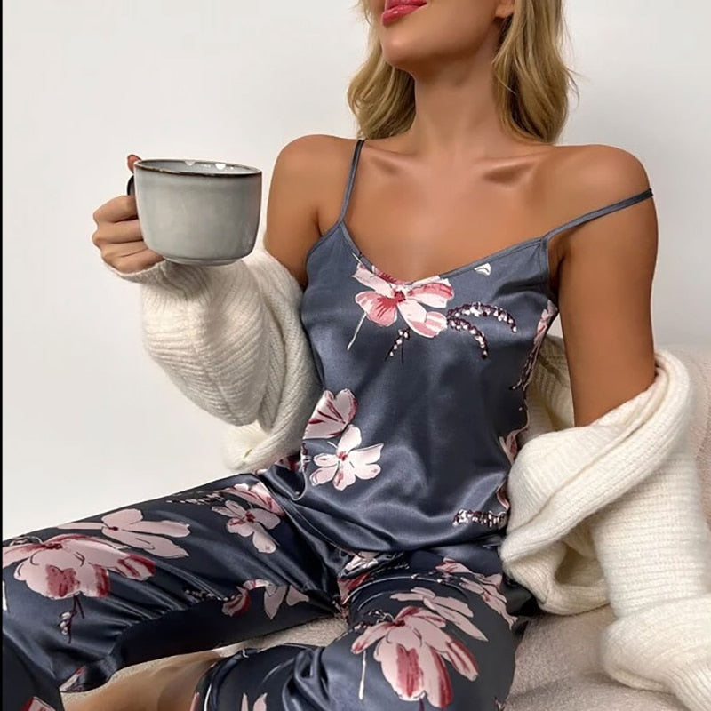 Bloemenprint Mouwloze Tops met Lange Broek Pyjama Set