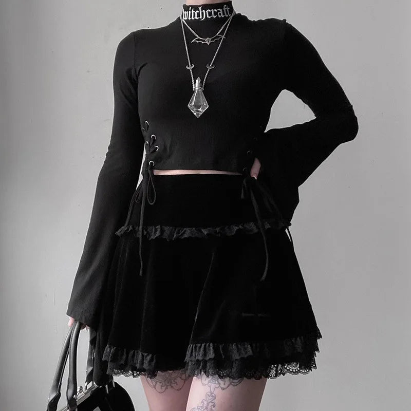 Zwarte Gothic Kantrok met Sexy Zomer Borduursel