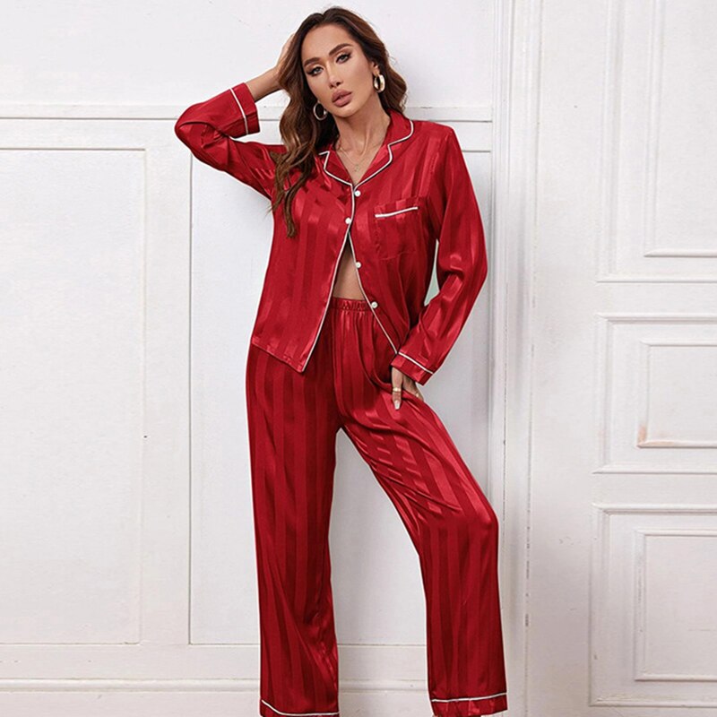 Faux Zijde Gestreepte Pyjama met Broek en Shirt