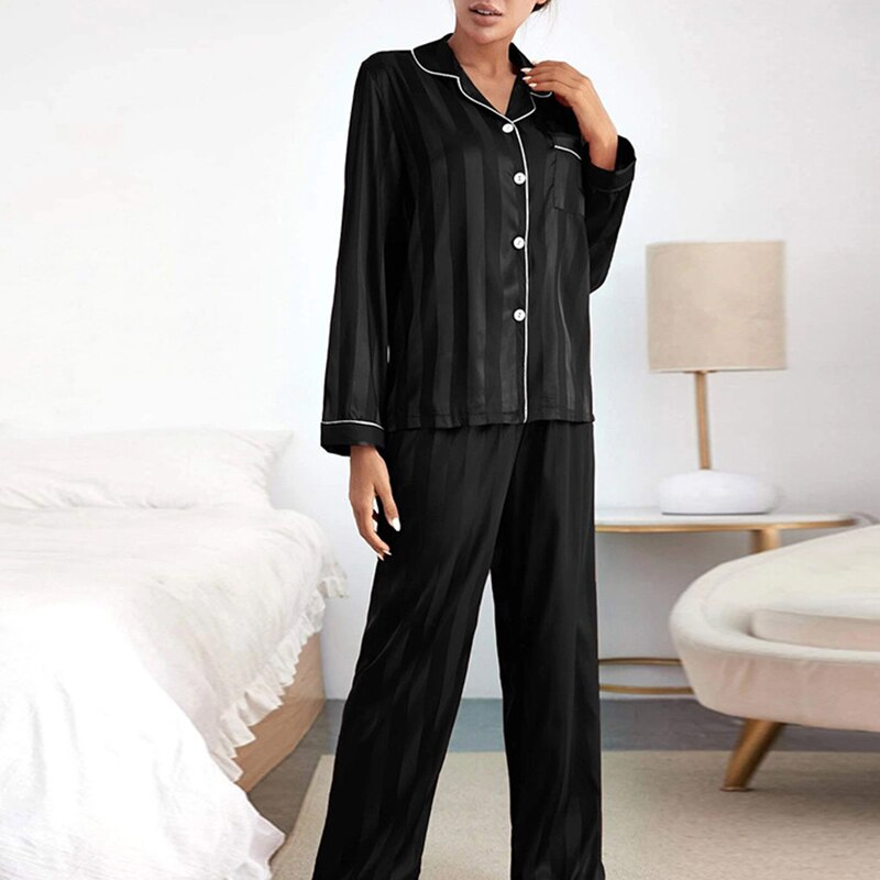 Faux Zijde Gestreepte Pyjama met Broek en Shirt