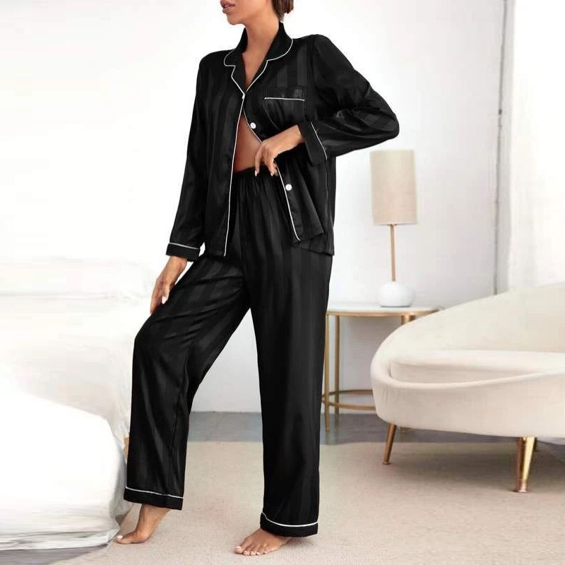 Faux Zijde Gestreepte Pyjama met Broek en Shirt