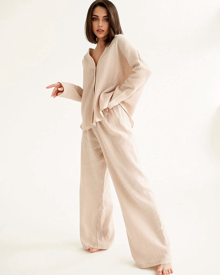 Katoenen Linnen Effen Enkele Knop Lange Mouwen Pyjama Set