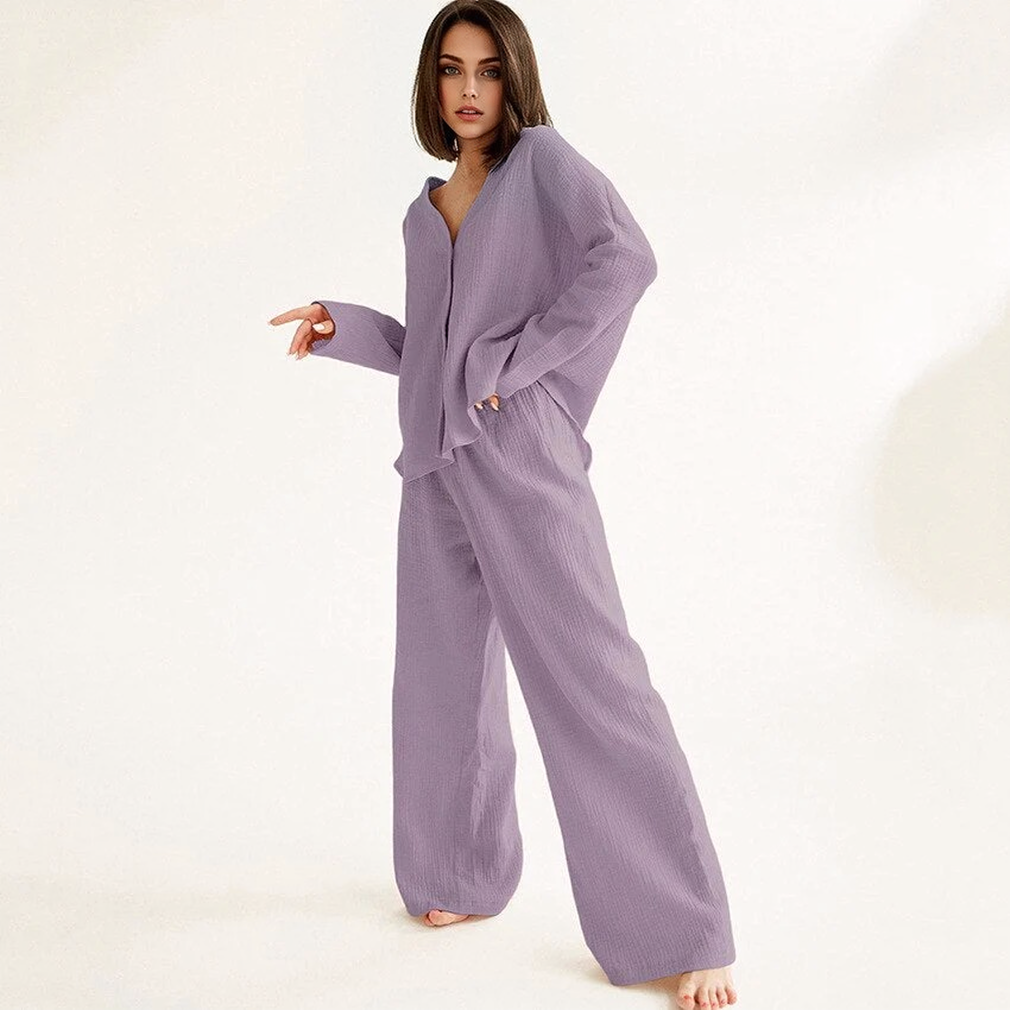 Katoenen Linnen Effen Enkele Knop Lange Mouwen Pyjama Set