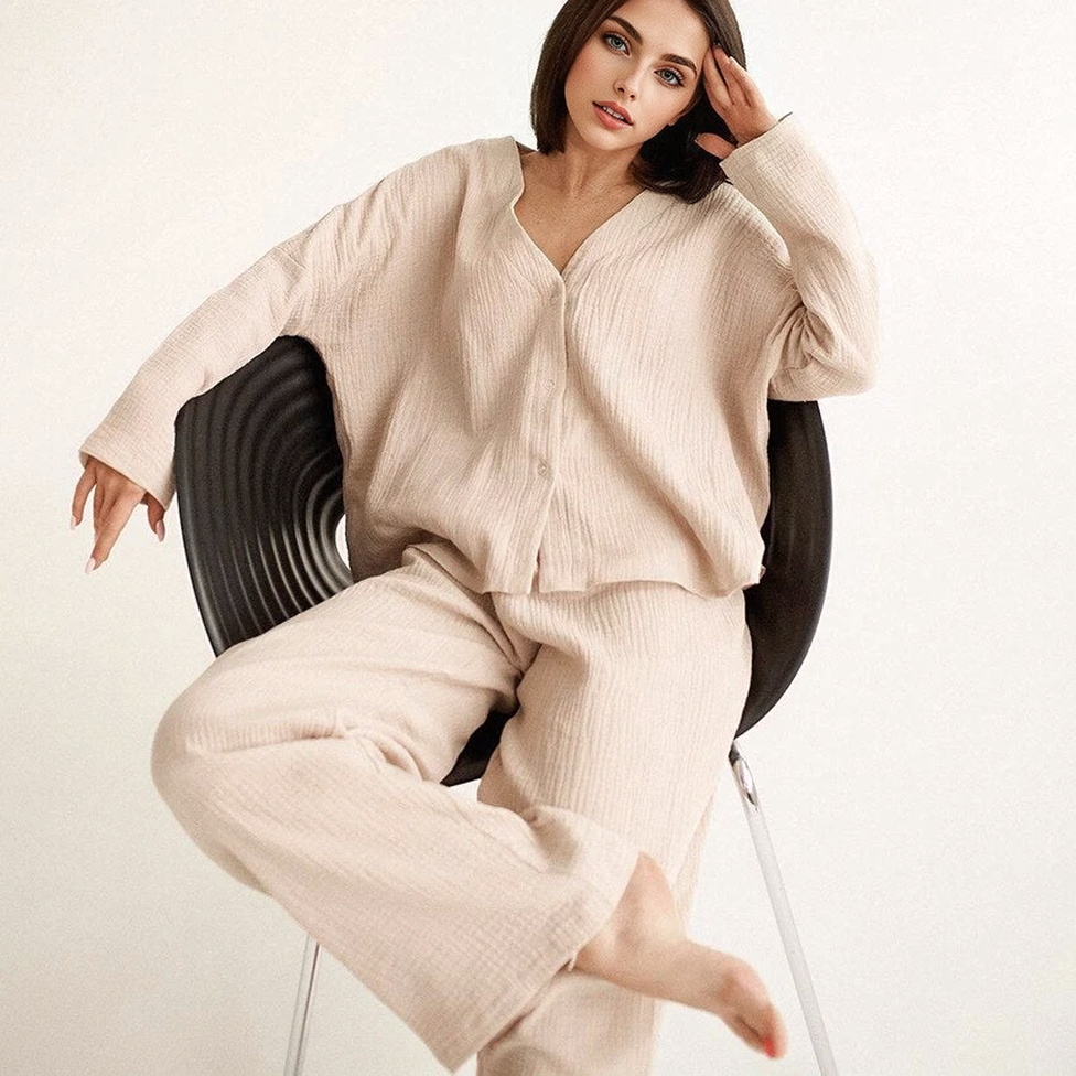Katoenen Linnen Effen Enkele Knop Lange Mouwen Pyjama Set