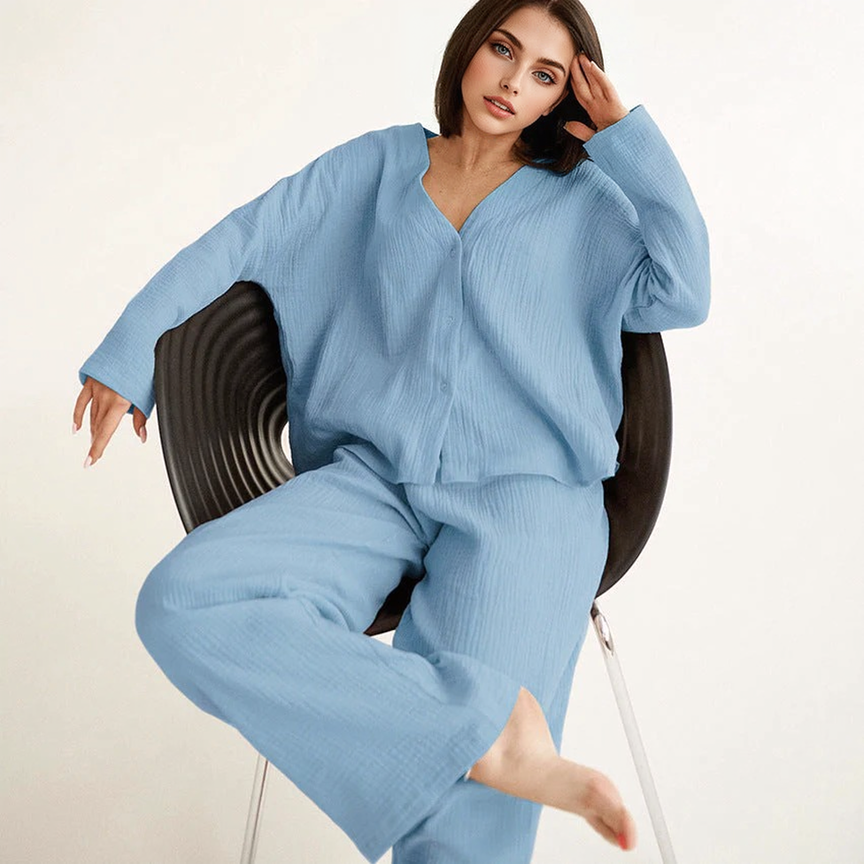 Katoenen Linnen Effen Enkele Knop Lange Mouwen Pyjama Set