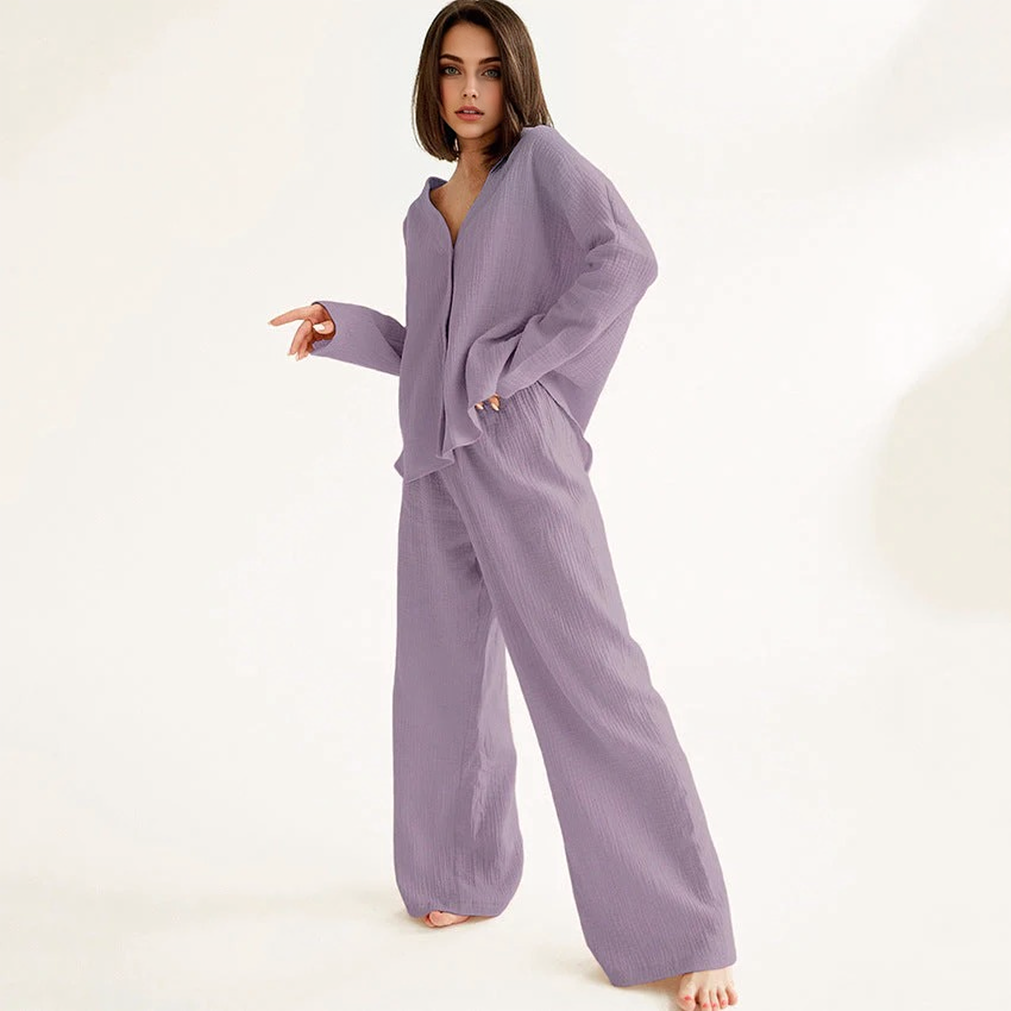 Katoenen Linnen Effen Enkele Knop Lange Mouwen Pyjama Set