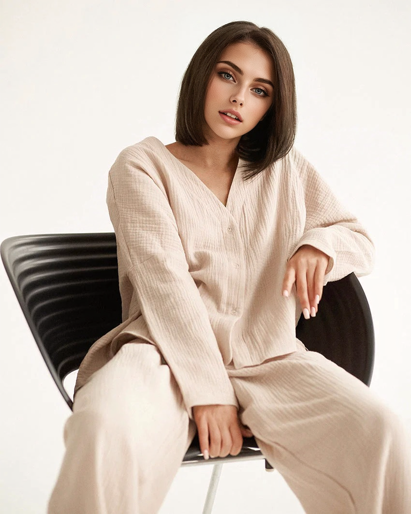 Katoenen Linnen Effen Enkele Knop Lange Mouwen Pyjama Set