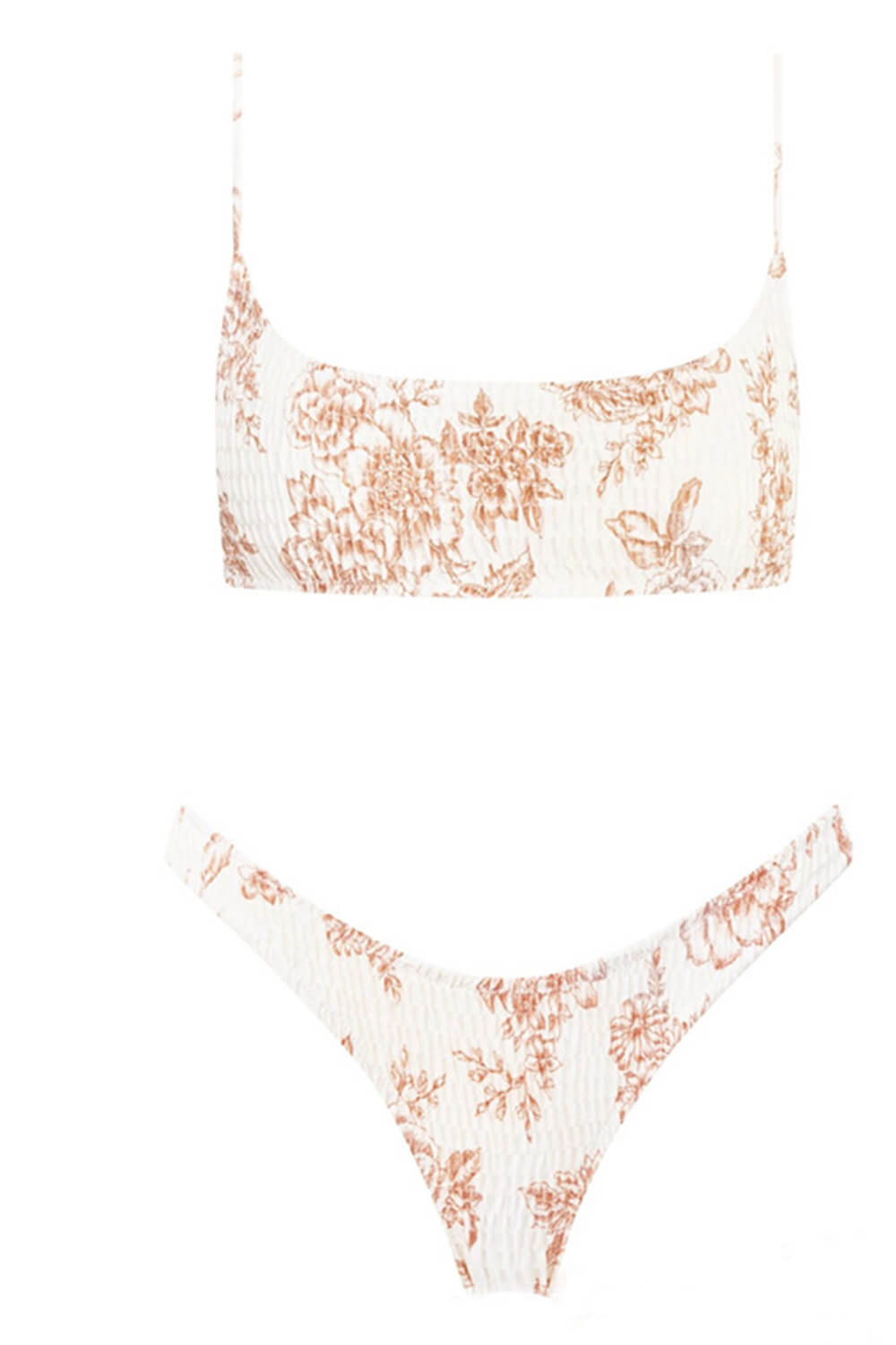 Tan Bloemen Rimpel Scoop Crop Bikini Top Stijlvol