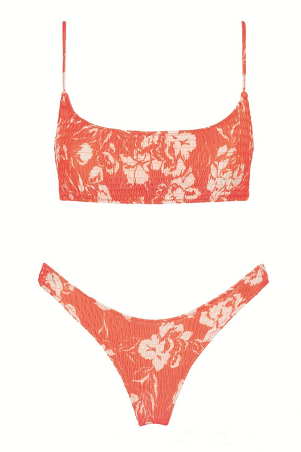 Zalm Kleurige Bloemen Ruched Crop Bikini Top