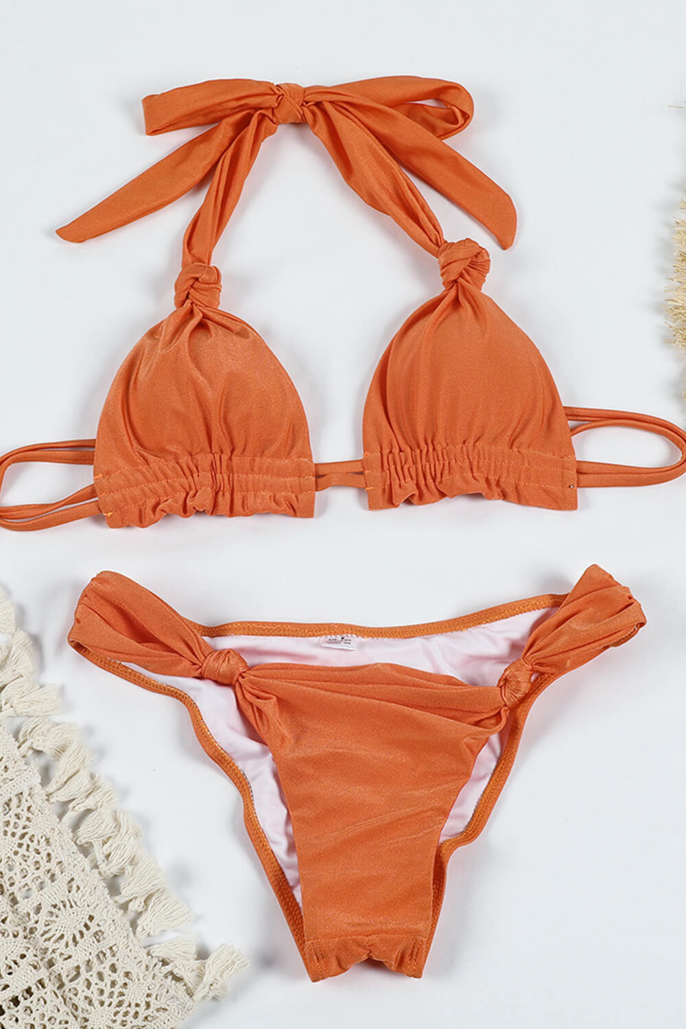 Triangle Geknoopt Scrunch Bikini Set Met Rimpel - Oranje/Groen