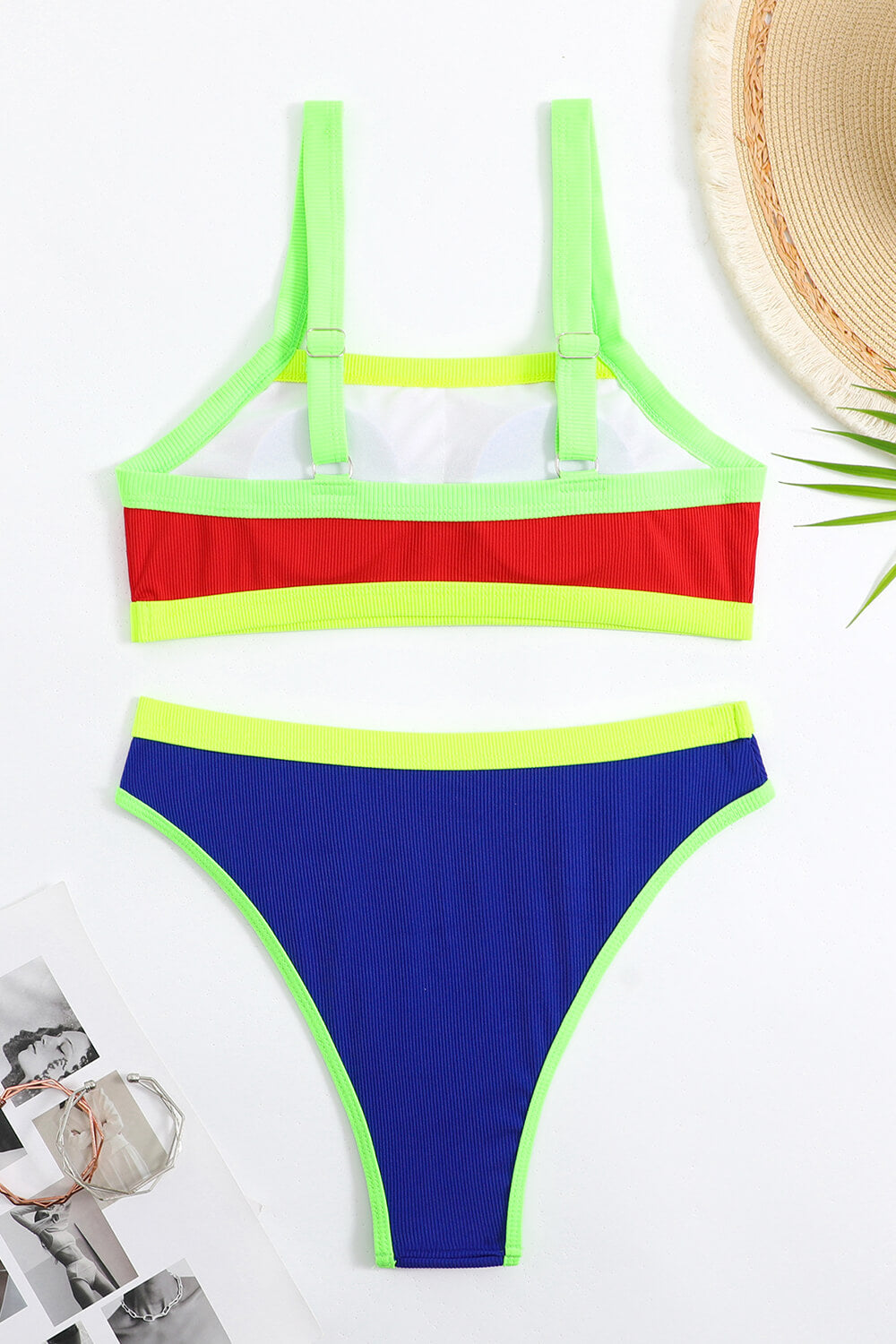 Kleurrijk Geribbeld Bandeau Hoge Taille Bikini Set