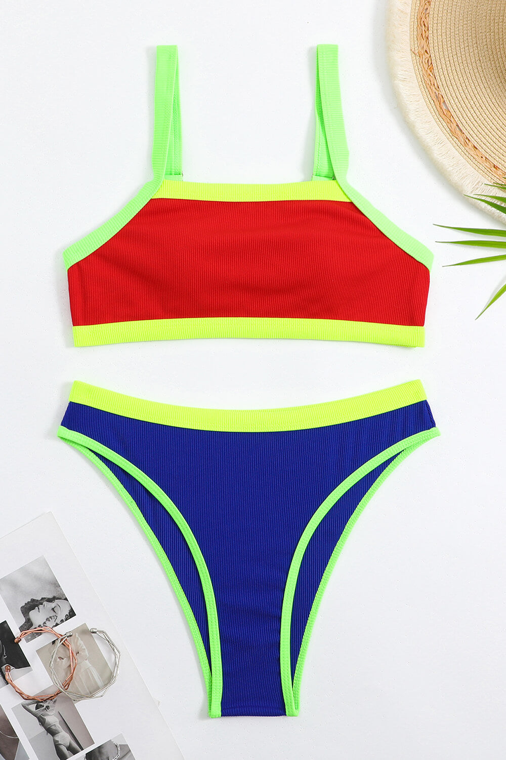 Kleurrijk Geribbeld Bandeau Hoge Taille Bikini Set