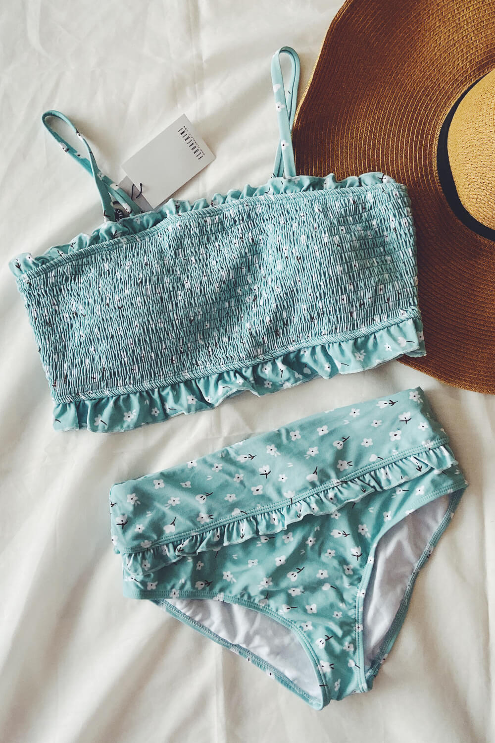 Lichtblauwe Bikinibroek met Bloemen en Volle Bedekking