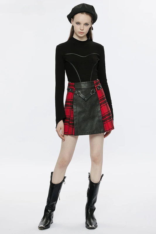 Modieuze Mini Rok met Metalen Gesp en Ruitpatroon