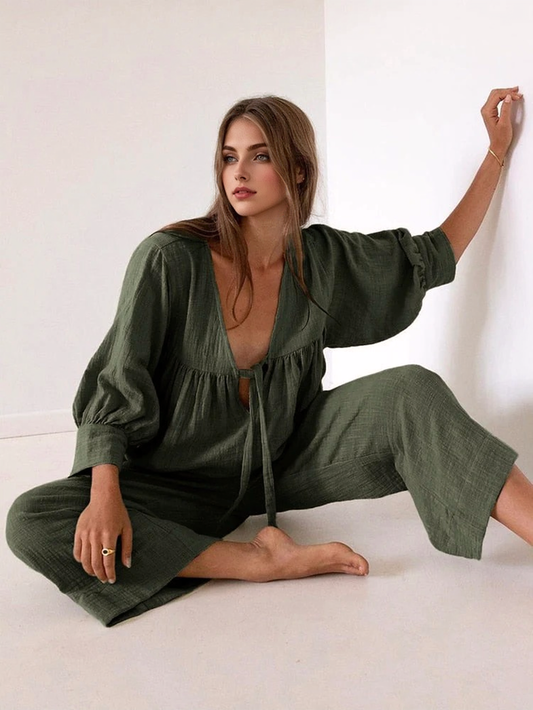 Katoenen Pyjama met Driekwart Mouwen en V-Hals