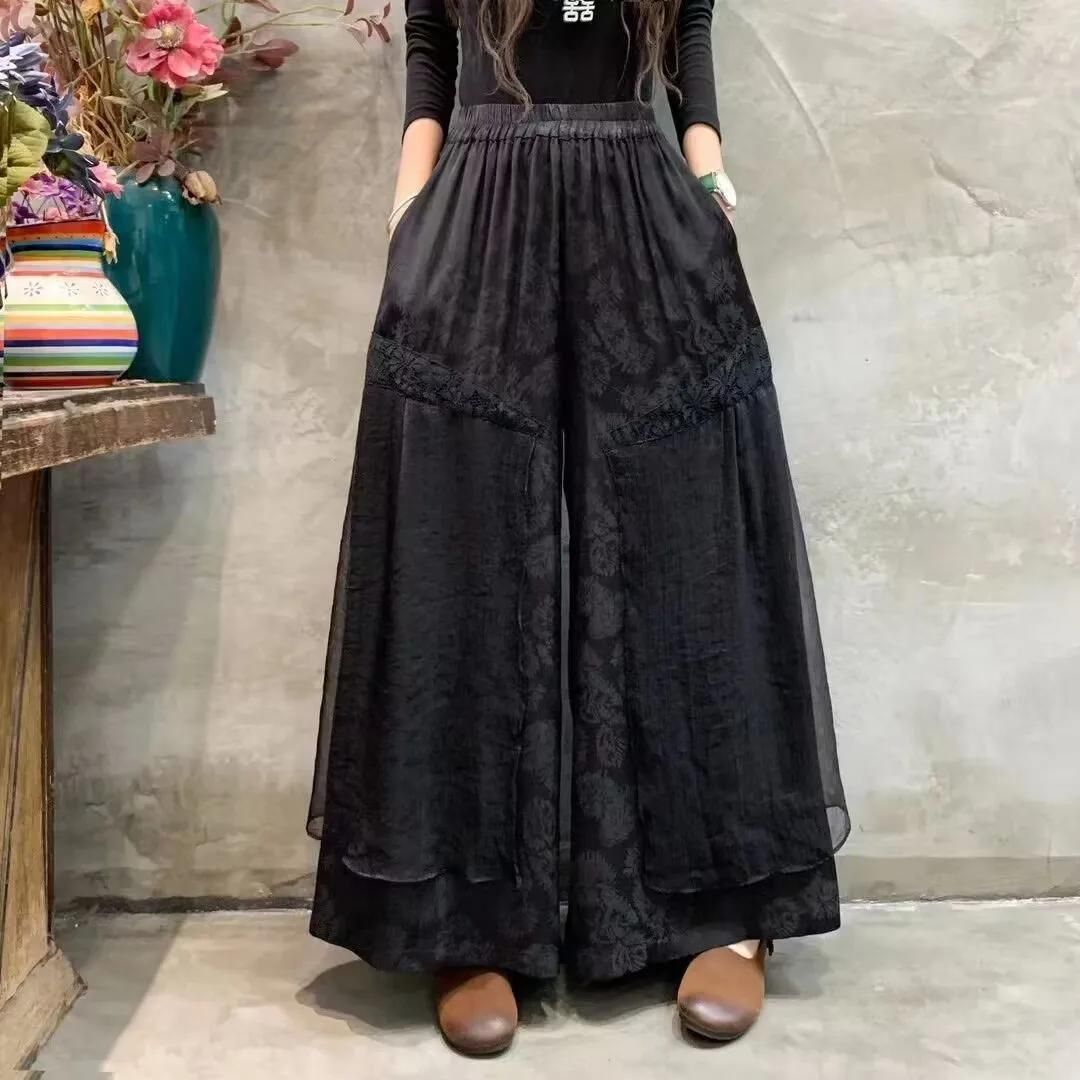 Boho Broek met Wijde Pijpen en Elegante Kantinzet - Stijlvol en Comfortabel