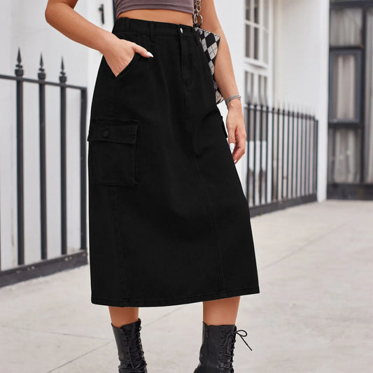 Elegante Rechte Knopen Split Retro Maxi Spijkerrok Stijlvol