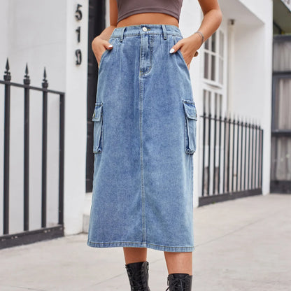 Elegante Rechte Knopen Split Retro Maxi Spijkerrok Stijlvol