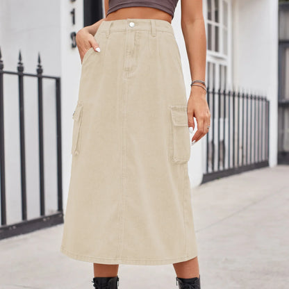 Elegante Rechte Knopen Split Retro Maxi Spijkerrok Stijlvol