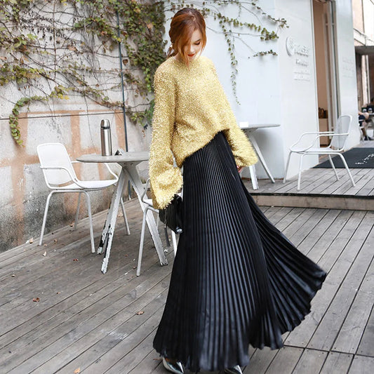 Stijlvolle Vintage Zilveren Maxi Rok met Hoge Taille