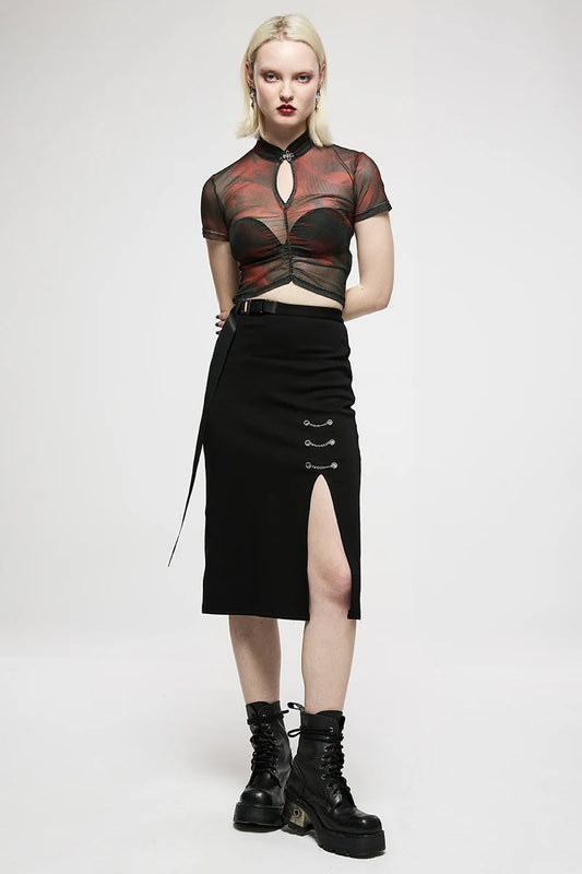 Stijlvolle Midi Rok met Voorkant Splits en Ketting