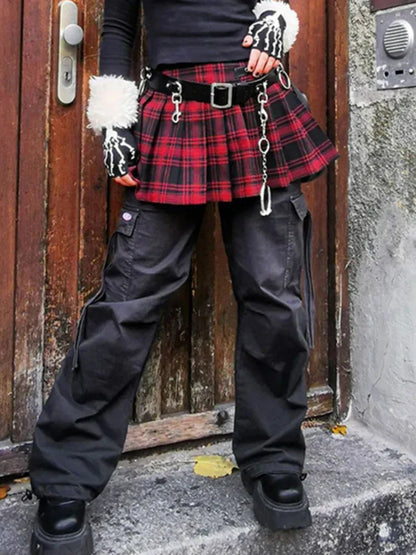 90s Grunge Ruit Mini Rok met Eyelet Band en Plooien