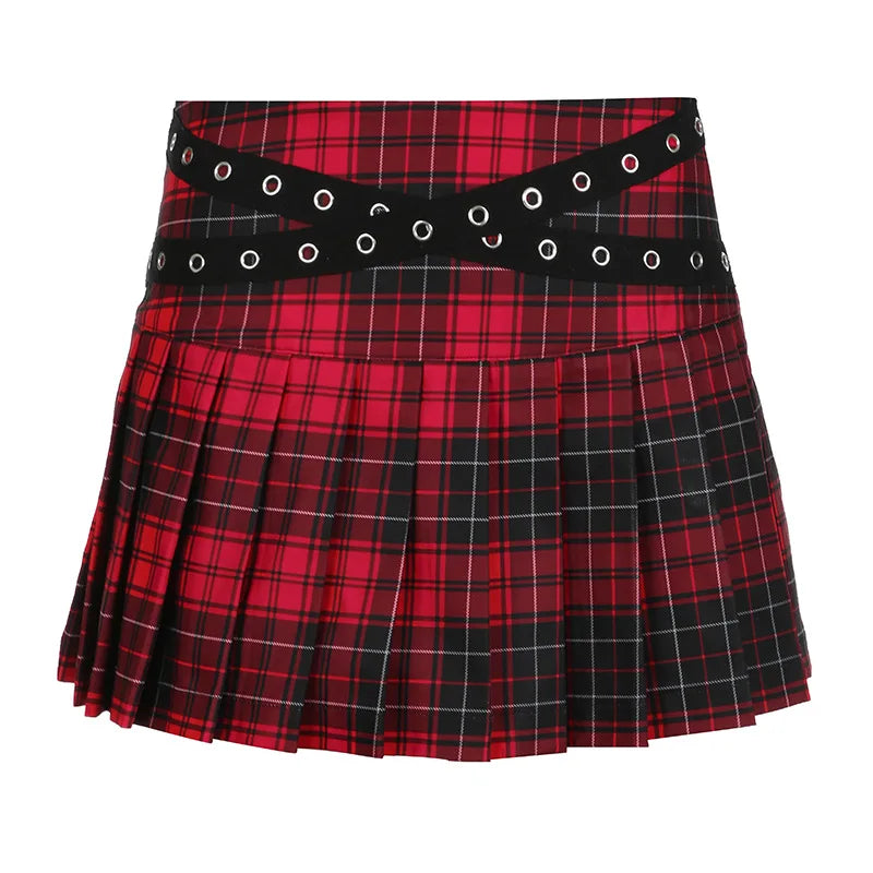 90s Grunge Ruit Mini Rok met Eyelet Band en Plooien