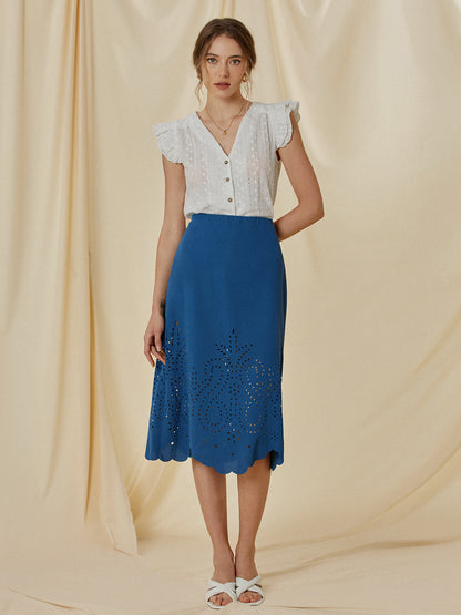 Elegante Midi Rok met Hoge Taille en Eyelet Detail