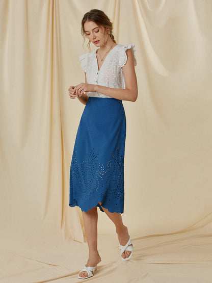 Elegante Midi Rok met Hoge Taille en Eyelet Detail