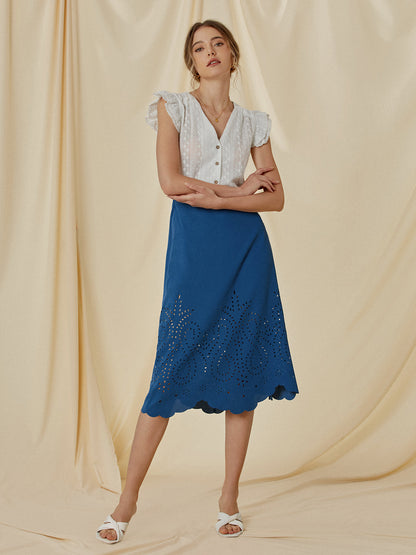 Elegante Midi Rok met Hoge Taille en Eyelet Detail