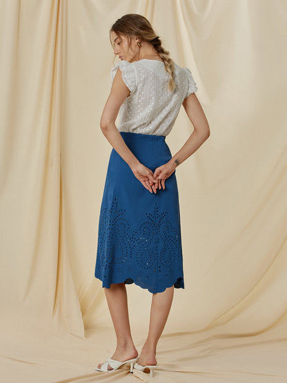 Elegante Midi Rok met Hoge Taille en Eyelet Detail