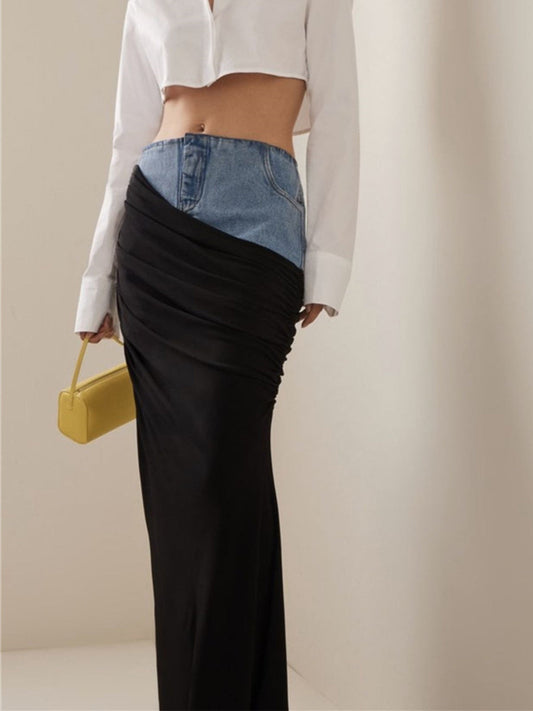 Stijlvolle Patchwork Denim Rimpel Maxi Rok