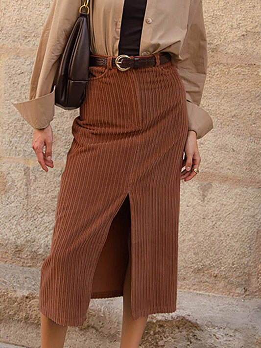 Caramel Corduroy Midi Rok met Stijlvolle Split
