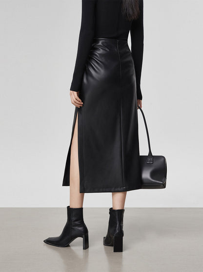 Stijlvolle Faux Leren Midi Rok met Split