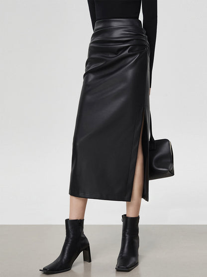 Stijlvolle Faux Leren Midi Rok met Split