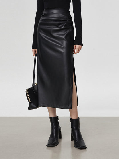 Stijlvolle Faux Leren Midi Rok met Split
