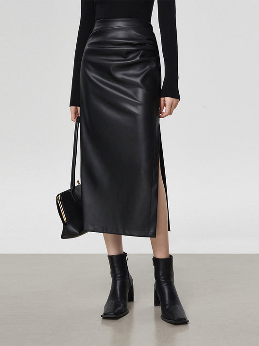 Stijlvolle Faux Leren Midi Rok met Split