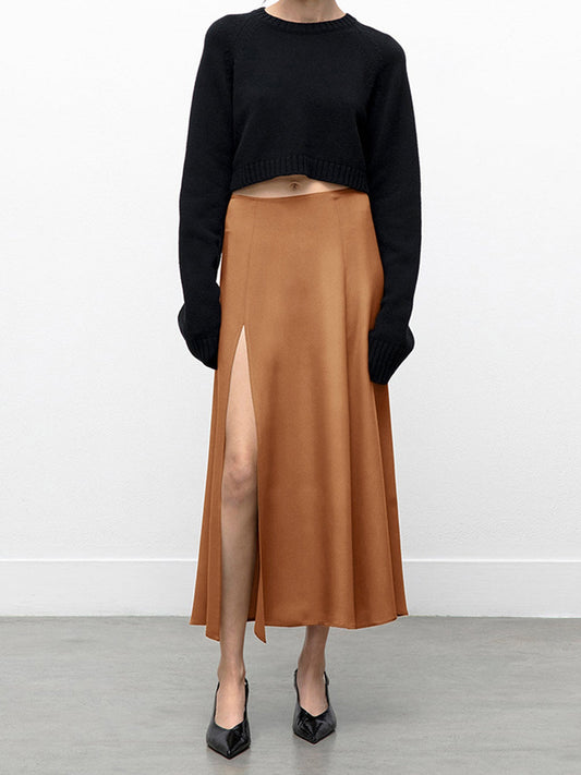 Terracotta Midi Rok met Elegante Split en Comfortabele Pasvorm