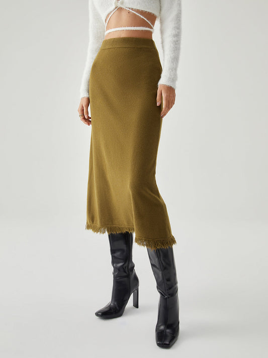 Raw Hem Hoge Trendy Taille Midi Tricot Rok Stijlvol