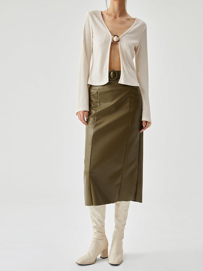 Modieuze Faux Leren Geknoopte Midi Rok met Split