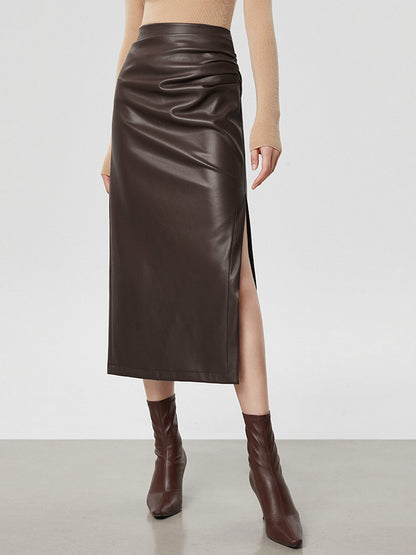 Stijlvolle Faux Leren Midi Rok met Split