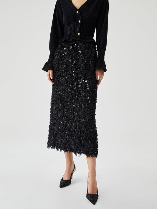 Luxe Pailletten Veren Split Lange Rok voor Feestjes
