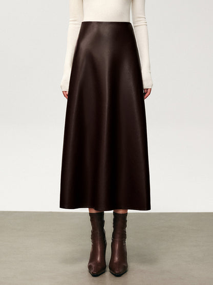 Plissé Nep Leren Midi Rok voor Elegante Stijl