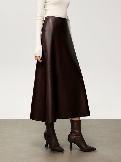 Plissé Nep Leren Midi Rok voor Elegante Stijl