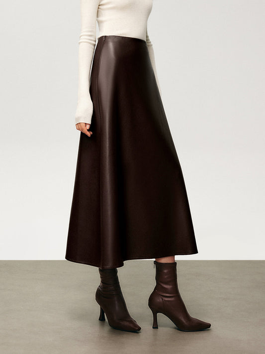 Plissé Nep Leren Midi Rok voor Elegante Stijl